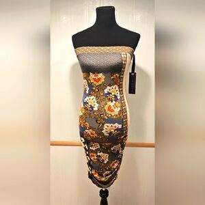 New HALE BOB Geo Print Adj. Gathered Sides Fitted Tube Top Stretch Midi Dress S